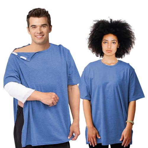 Uni-Sex Post Shoulder Surgery Shirt & Rehab Shirt with Stick On Fasteners, Convenient and Quick Blue
