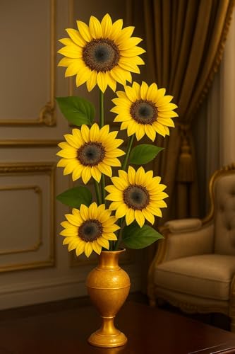 Image of Large Artificial Big Size Yellow Sunflower Single Stick 117cm Tall,25 cm Wide Real Look Full Bloom with Long Stem 5 Giant Fake Silk Sunflowers Floral for Vase,Home,Office & Party Decoration(Pack of1)