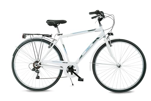 Airbici Bicicleta de Paseo Mujer Fusion Lady 28”. Bicicleta Mujer 6 Velocidades, Cuadro de Acero, Llantas de Aluminio, Luces Led, Portaequipaje, Caballete, iShimano. (Negra) (M, Blanco Helado)