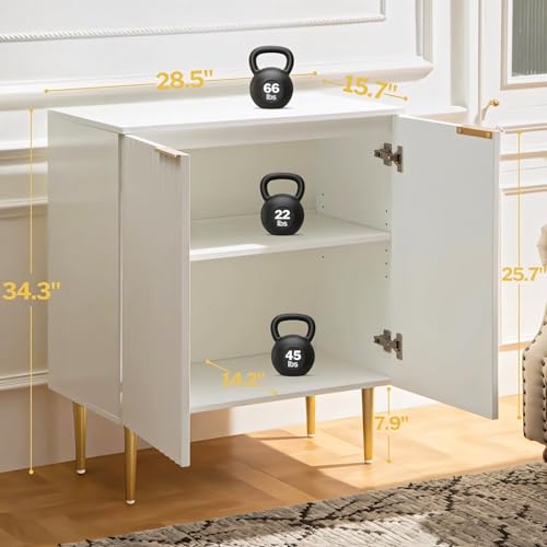 Image of Floated Panel Wooden Sideboard Cabinet | 2 Door Storage Unit with Metal Legs | Premium HDMR Wood Console Cabinet for Living Room, Kitchen & Dining | DIY Leg Assembly (White)