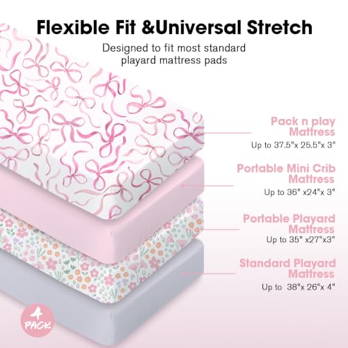 Image of Bimocosy Pack and Play Sheets 4 Pack, 38 inch x 26 inch Mini Crib Sheets for Girls | Breathable & Snug Fit, Soft Sheets for Boys & Girls, Perfect for Pack and Play, Nursery & Daycare