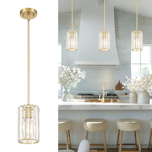 Cargifak Crystal Pendant Lights, Hanging Light Fixture with Polished Gold Finish, Modern Mini Chandelier, Pendant Lights Kitchen Island Dining Room Bedroom, PL5510-1P-PG