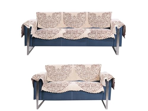 Image of Premium Chenille Woven Anti-Slip 3 Seater + 2 Seater Sofa Cover with Arm Rest | L-Shape Sofa Seat Protector for Living Room | Durable & Stylish Slipcover - Beige - Phoolkari