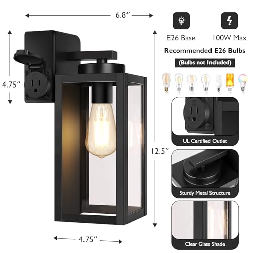 Image of BesLowe Porch Lights with Outlet, Modern Outdoor Wall Light Fixtures, Black | UL-Listed Extra Power Socket, Waterproof, Rust-Resistant, Durable Metal with Clear Glass, Easy to Install