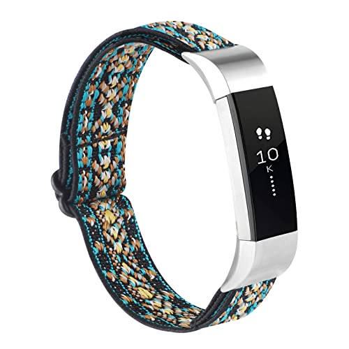 Image of Adjustable Elastic Bands Compatible with Fitbit Alta /Alta HR, Soft Stretchy Nylon Sports Breathable Replacement Wristbands for Women Men (Blue Black Boho)