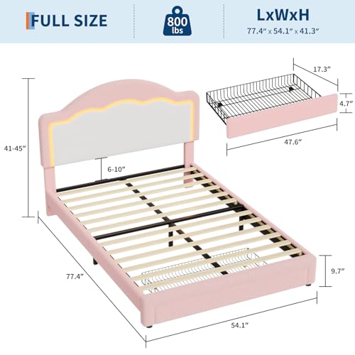 Image of GarveeHome Bed Frame with LED Headboard for Kids, Sherpa Upholstered Platform Bed Frame with Storage Drawer and Wood Slat Support, No Box Spring Required, Easy to Assemble (Pink, Full)