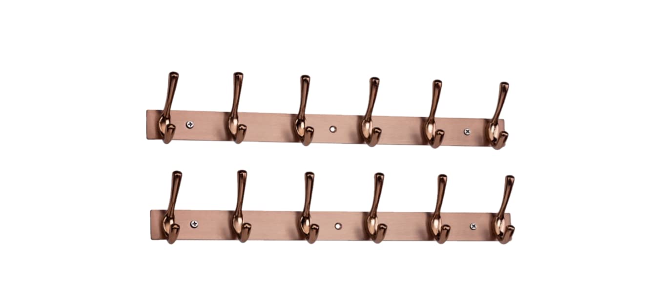 Wall Door Hook Stainless Steel 6 Double Point with Metallic Rose Gold Color Finish Pack of 2 Strong Durable Cloth Hanger