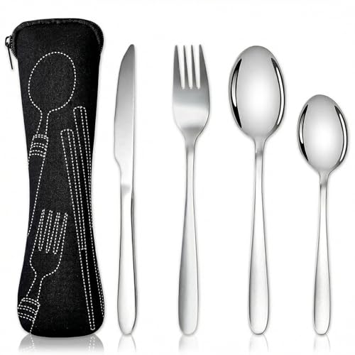 4pcs Portable Stainless Steel Cutlery Set Reusable Flatware Utensils with Pouch for Camping Travel Picnic Office School Lunch Box