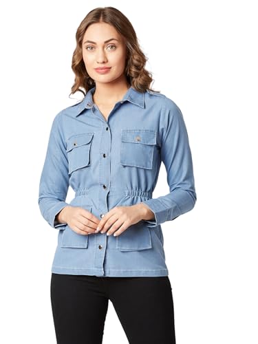 Image of Miss Chase Women's Polo Neck Full Sleeves Patch Pocket Denim Overcoat Knee-Length Jacket
