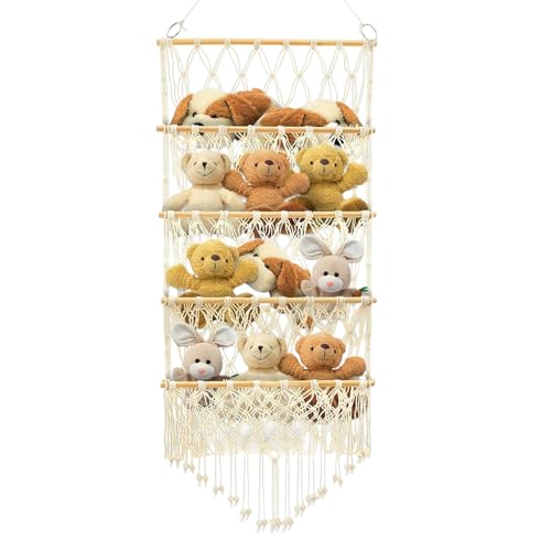 Almacenamiento de animales de peluche sobre la puerta, hamaca bohemia de 4 capas de malla para juguetes de peluche, estante de malla de almacenamiento para muñecas de felpa, para dormitorio, guardería