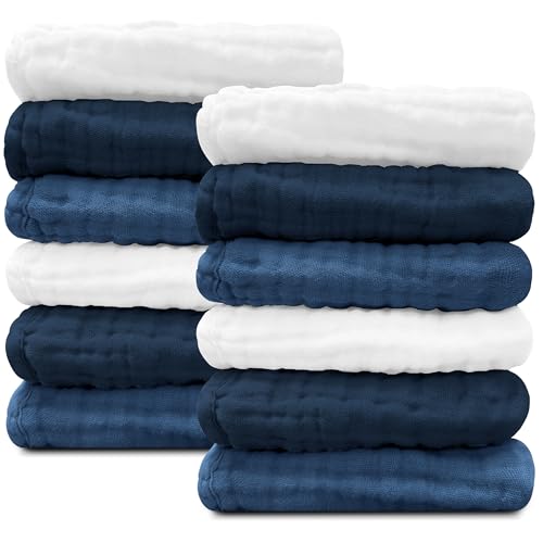 Image of Sunny zzzZZ Baby Muslin Washcloths -100% Cotton Muslin Soft Baby Bath Wash Cloths and Absorbent Burp Cloths for Newborns Kids Girls and Boys -12 Pack, 12x12 Inches - White+Deep Navy Series