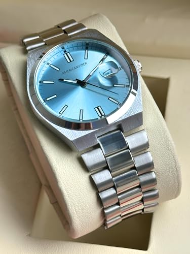 Image of AMERICANVIBER Men's Silver Stainless Steel Watch, Vibrant Green Sunburst Dial, Quartz Analog Movement, Date Display, Faceted Bezel for Men