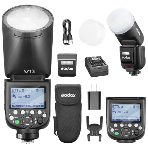 Godox V1Pro F Flash TTL tête Ronde Appareil Photo Speedlite 76Ws with VB30 HSS 1/8000s LED Lampe de modélisation Flash Externe,V1-O (2024) SU-1 Mode Flash M/TTL pour Fujifilm