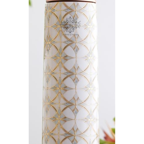 Image of INDIAN ART VILLA Copper Gold Print Copper Bottle, Copper Drinkware, 800 ML, Gold Printed White