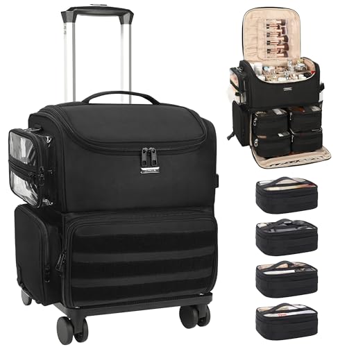 Relavel Rolling Makeup Train Case, Cosmetology Case on Wheels with 4 Clear Bags, Professional Makeup Artist Set Bags Cosmetic Storage Organizer with Adjustable Dividers, 360° Spinner Wheels, Black
