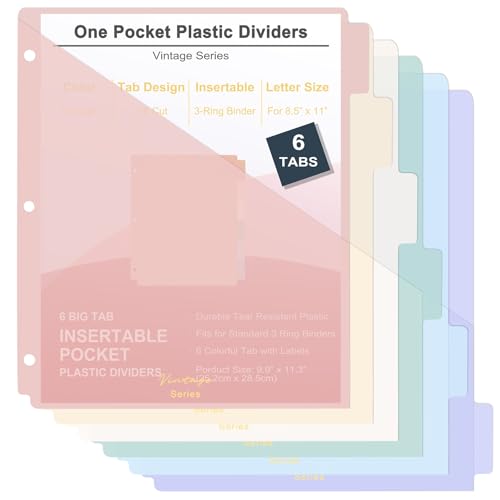 6 Tabs Binder Dividers with Pockets, Binder Dividers with Tabs for 3 Ring Binder Letter Size, Durable Plastic Binder Organizer, Vintage, 1 Set