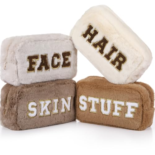 Paterr 4 Pieces Chenille Letter Preppy Patches Makeup Bag Plush Fuzzy Cosmetic Hair Face Skin Toiletry Travel Bag Pouch with Zipper Preppy Stuff for Girls Women(Brown)