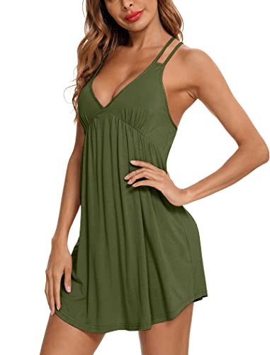 Esobo Womens Sexy Nightgown V-Neck Chemise Sleepwear Full Slip Babydoll Nightwear Dress Soft Jersey Lingerie Dress Army Green #TOP1