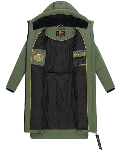 MARIKOO Damen langer Wintermantel warmer Steppmantel mit verstellbarer Kapuze Benikoo Pine Olive Gr. M