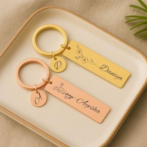 Image of Personalized Double-Sided Stainless Steel Keychain, Custom Name and Birth Flower Engraving, Initial Charm, Silver