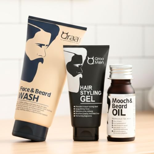 Image of Qraa Beard Care Kit for Men | Beard Oil for Growth & Nourishment, Face & Beard Wash for Deep Cleansing, Hair Styling Gel for Strong Hold | Suitable for All Skin & Hair Types | Set of 3