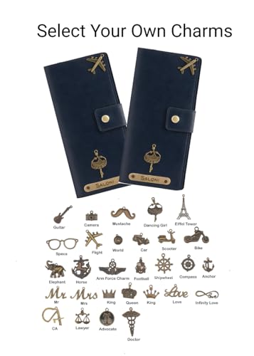 Image of AICA Personalized Name & Charm Long Leather Wallet Passport Cover (Navy Blue) with Boarding Pass Holder Currency Card Slot & Coin Holder for Men & Women | Travel Gifts for Men Boys Husband Dad Bro