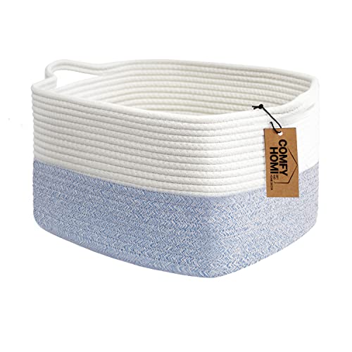 Image of COMFY-HOMI Cotton Rope Woven Basket with Handles for shelf,Toy, Book, Cloth Storage Basket for Organizing-13.5"X11"X9.5" Storage Bin for Living Room, Newborn or Infant Gift for boy girl (White/blue)