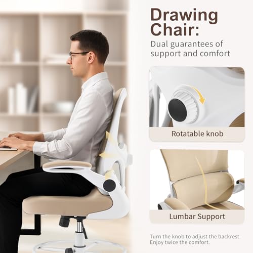 Image of Karl home Ergonomic Drafting Chair, Khaki | Lumbar Support, Flip-Up Armrests, Adjustable Height Footrest Ring, Breathable Mesh, Tall Swivel