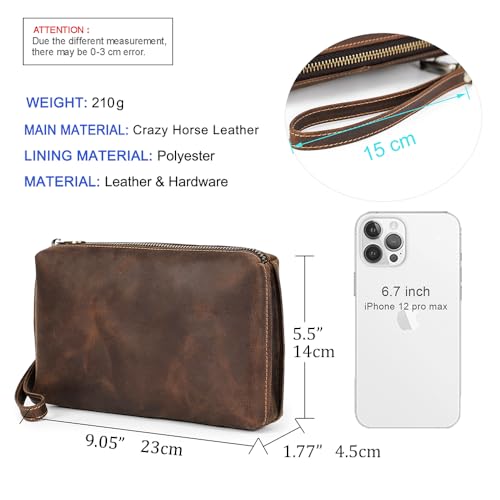 CONTACTS Mens Clutch Bag Leather Wallet, Crazy Horse Leather Vintage Clutch Wallet for Men Travel Wristlet Handbag Card Holder Phone Checkbook Purse3