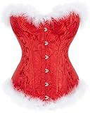 Women's Christmas Santa Costume Overbust Corset Bustier Top White Feathers Plus Size Red S