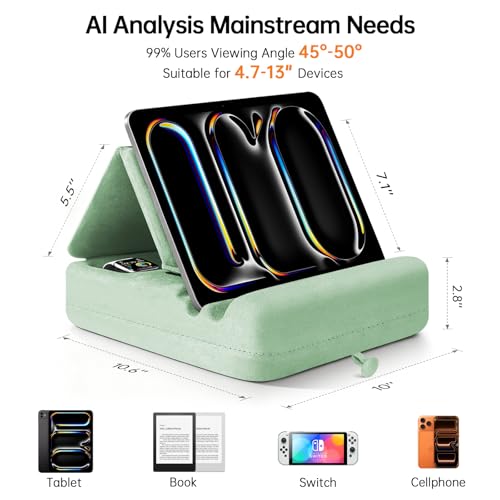 Image of Tablet Pillow Stand with Storage, Foldable iPad Holder for Lep, Bed, Sofa, and Desk - Soft Pad Dock with Pocket and Stylus Mount Compatible with 4-13 inch iPad Pro /Air /Mini, Galaxy Tab, Kindle