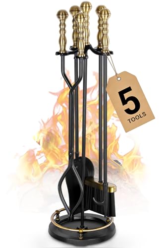 Gtongoko Fireplace Tools Set 5 Pcs Wrought Iron Large Fire Tool Set with Brass Handles for Outdoor/Indoor, Fireplace Accessories Set Included Poker, Tong, Shovel, Brush