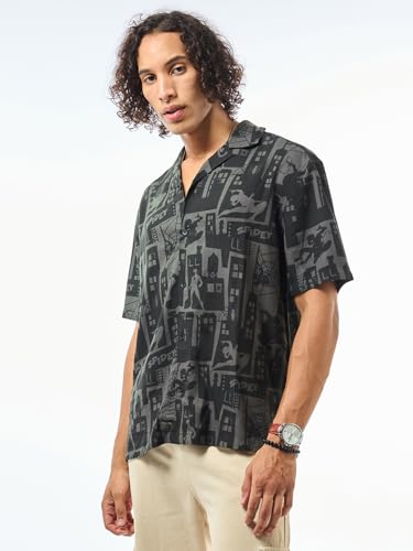 Image of Bewakoof Men's All Over Printed Oversized Fit Half Sleeve Resort Collar Rayon Shirt