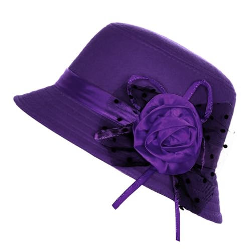 hoyuwak Wide Brim Felt Fedora Hat for Women Lightweight with Flower Purple for Church Party Halloween Christmas