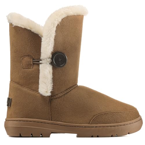 Holly Women’s Waterproof Winter Ankle Boots - Faux Fur Lined Slip-On Shoes with Single Button Detail - Comfortable Warm Outdoor Footwear - Tan - UK7/40