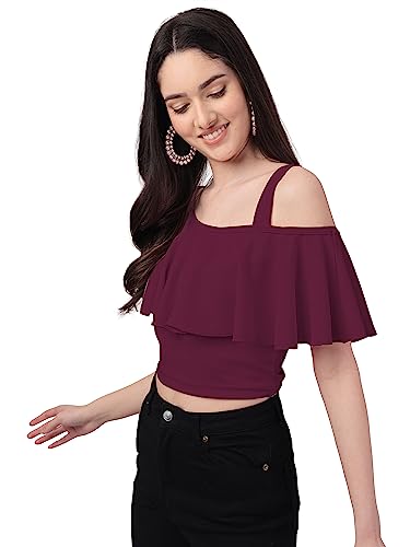Image of Mehrang Women's Casual Solid Flared Crop Top Round Neck Stretchable Blend for Women /Top for Girls
