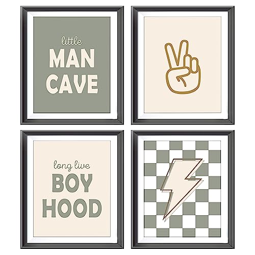 Image of Little Man Cave Retro Preppy Checkered Lightning Peace Sign Long Live Boyhood Poster Prints for Boy Teen Room Dorm Decor,Preppy Decorations Prints Wall Art Unframed 4pcs 8x10inches,Teen Boys Gifts
