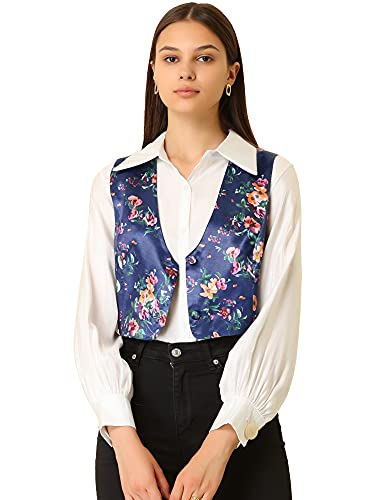 Allegra K Women's Floral Pattern Vest Fashion Button Closure Cropped Satin Dressy Waistcoat Vest