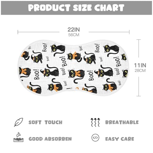 2 Pack Muslin Burp Cloths Halloween Boo Cat White Cotton Baby Burp Cloths Extra Absorbent and Soft Spit Up Rags for Newborn Boys Girls, Large 22" x 11"2