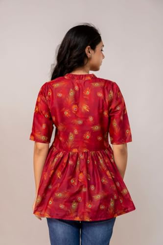 Image of Women's Printed Peplum Top | Ethnic Feather Print Kurti Style Top | Mandarin Collar, 3 /4 Sleeve | Casual & Office Wear for Girls & Women | Maroon