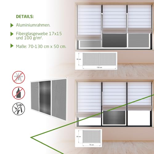 Amig - Ausziehbares Moskitonetz für Fenster | Werkzeugfreie Montage | Passt in den Rollladenschlitz | 70 x 50 cm | Verstellbar bis zu 130 cm | Weißes Aluminium und graues Glasfasernetz
