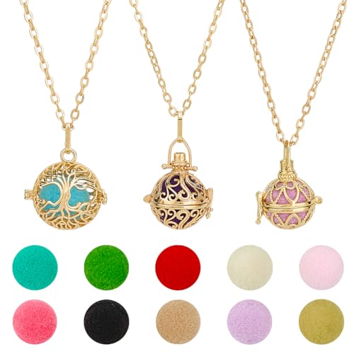 PH PandaHall Collier Diffuseur D'Huiles Essentielles Doré 3pcs Pendentif Médaillon D'Aromathérapie avec 10pcs de Boules de Coton Colorées Collier Parfumé...