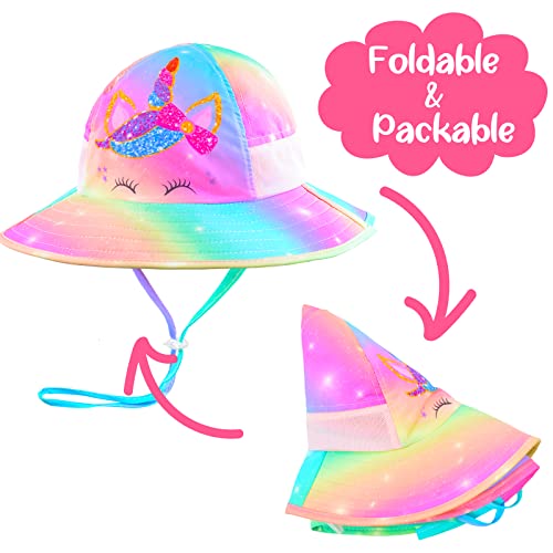 Sun Hat For Kids Anti-Uv Girls Sun Hats Wide Brim Upf 50+ Sun Protection Beach Hat With Adjustable Chin Strap For 3-8 Years (Rainbow Unicorn) #TOP6