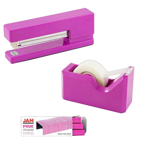 JAM PAPER Office & Desk Sets - 1 Stapler, 1 Pack of Staples, 1 Tape Dispenser - Fuchsia - 2/Pack