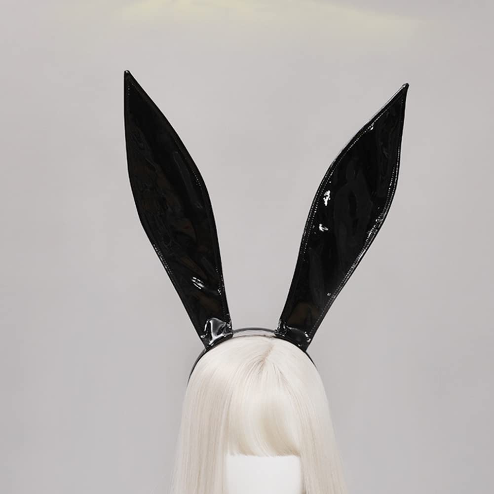 ILUFAM Black Leather Bunny Ear Headband Bendable Rabbit Ears Cosplay Headwear Halloween Party Hair Hoop for Adult