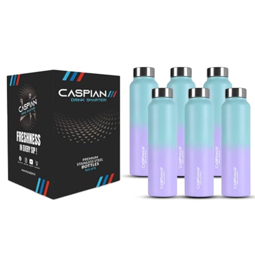 Image of CASPIAN / / / Astra ISI Certified Stainless Steel Water Bottle 1ltr.(Purple & Green, 1 Litre, Set of 6)|Leak Proof Thunder for Fridge Home Office Travel School Kids Boys Girls Adults Sports Gym|BPA Free