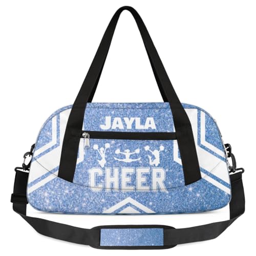 Personalized Cheerleader Bag for Girls Kids, Custom Dance Bag Overnight Small Duffel Bag Carry On Weekend Sports Travel Bag for School Practice Gymnastics Ballet, Cheer Blue Glitter 3
