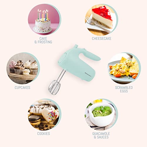Elite Gourmet EHM003M Batteur à main électrique 5 vitesses, très puissant, avec 2 grands fouets en acier inoxydable, pour préparations lisses et onctueuses, rangement pratique, bleu menthe – Image 6