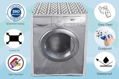 Image of Stylista PVC Waterproof Washing Machine Cover Compatible for IFB 6 KG Fully-Automatic Front Loading DIVA AQUA GBS 6010, Waterproof and Dustproof, Floral Pattern White & Grey