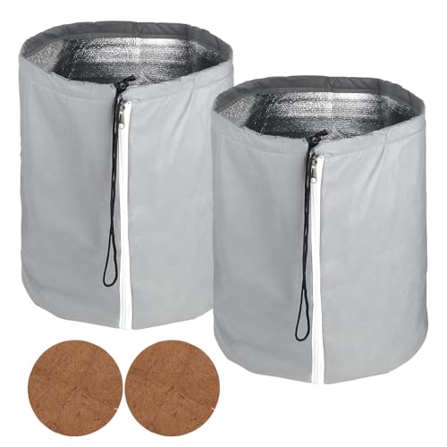 CPROSP 2tlg Thermo Topfschutz für Pflanzen 70 x 65CM, Pflanzenschutz Winter, Frost Schutz für Pflanzkübel Pflanztöpfe für Pflanzen mit Zugband, Reißverschluss & Filz Kokosscheibe Ø 65cm Grau